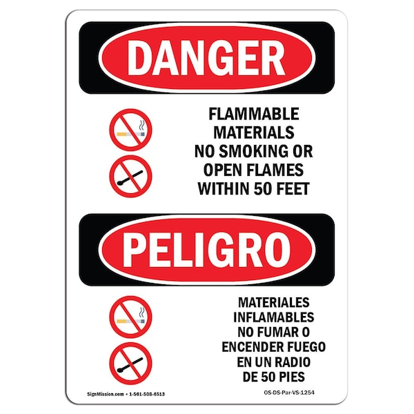 Safety Sign, OSHA Danger, 24" Height, Aluminum, Flammable Materials No Smoking Spanish